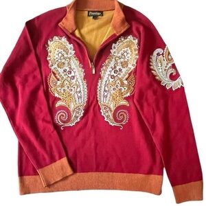 Prestige red and orange paisley sweater with embroidery stylish and eye-catching